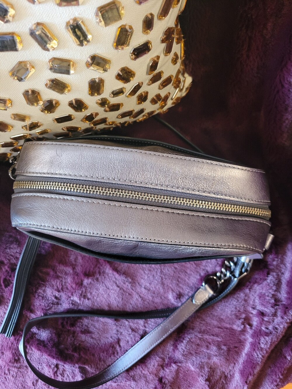 Coach Metallic Gray Embossed Signature Leather Crossbody Bag - Picture 4 of 10